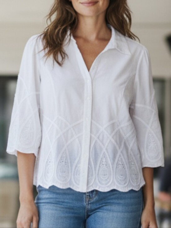 Peck & Peck Tops - Peck & Peck White Embroidered Button-Down Blouse Cotton Tailored Fit Womens Sz L